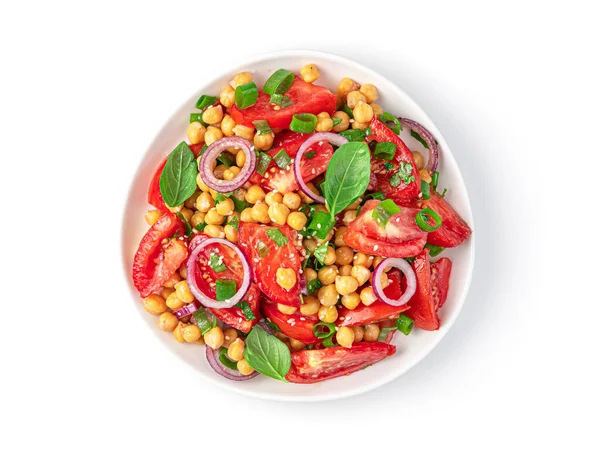 Υγιεινή σαλάτα με ρεβίθια, ντομάτες και σουσάμι που απομονώνονται σε λευκό φόντο. — Φωτογραφία Αρχείου