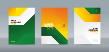 Canlı yeşil, turuncu ve sarı renkli dinamik soyut geometrik şekiller içeren cesur kurumsal tasarım şablonu. Yıllık rapor, dergi, kitapçık, öneri, portföy için A4 boyut kitap kapağı şablonu