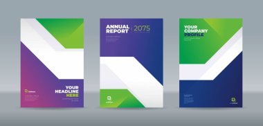 Modern soyut geometrik ve mor, yeşil, mavi eğimli arkaplan renklerine sahip canlı bir kaplama şablonu. Yıllık rapor, dergi, kitapçık, öneri, portföy için A4 boyut kitap kapağı şablonu