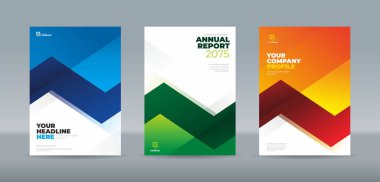 Mavi, yeşil ve turuncu renkli modern soyut zig-zag geometrik deseni içeren dinamik kapak tasarımı. Yıllık rapor, dergi, kitapçık, öneri, portföy için A4 boyut kitap kapağı şablonu