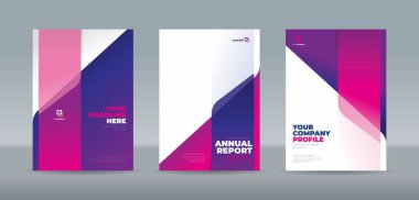 Koyu mavi geometrik şekilli ve beyaz aksanlı koyu pembe-mor arası bir gradyan içeren canlı bir kapak şablonu. Yıllık rapor, dergi, kitapçık, öneri, portföy için A4 boyut kitap kapağı şablonu