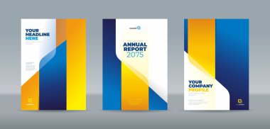 Modern dikey geometrik kolonların parlak mavi ve altın sarısı gradyanlarıyla profesyonel kaplama şablonu. Yıllık rapor, dergi, kitapçık, öneri, portföy için A4 boyut kitap kapağı şablonu