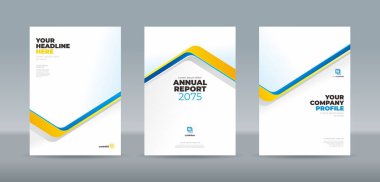 Minimalist kapak şablonu parlak sarı ve mavi sembol geometrik çizgileri temiz beyaz arka planda. Yıllık rapor, dergi, kitapçık, öneri, portföy için A4 boyut kitap kapağı şablonu