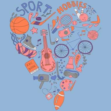 Elle çizilmiş doodle Hobiler ve spor şeyler kümesi. bir kalp şeklinde çizilmiş