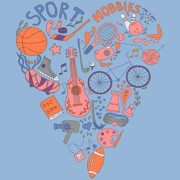 Elle çizilmiş doodle Hobiler ve spor şeyler kümesi. bir kalp şeklinde çizilmiş