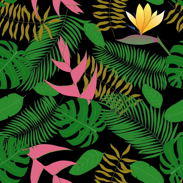 Modèle sans couture avec des feuilles tropicales dessinées à la main et des fleurs . — Image vectorielle