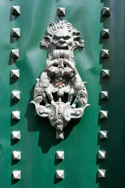 Άποψη Μιας Παλιάς Πόρτας Κεφάλι Του Βάκχου Μια Ξύλινη Πράσινη — Φωτογραφία Αρχείου