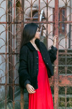 Uzun siyah Akdeniz saçlı, uzun kırmızı elbiseli güzel bir kız. Yüksek kalite fotoğraf