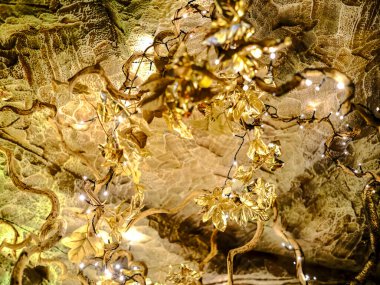 Yapraklar arasındaki dallara sarılı Noel ışıkları. Yüksek kalite fotoğraf