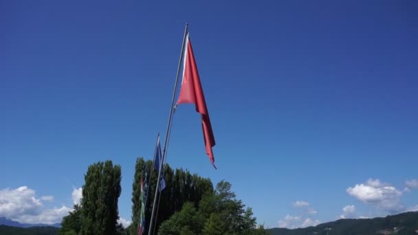 Mavi gökyüzünde dalgalanan İsviçre bayrağı — Stok video