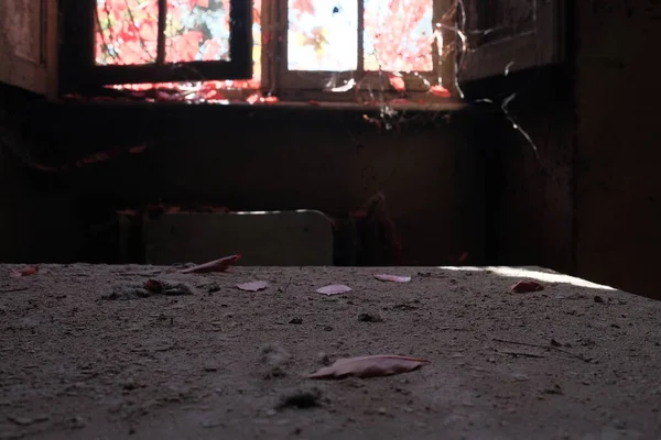 Mesa Coberta Com Poeira Escombros Casa Abandonada Foto Alta Qualidade — Fotografia de Stock