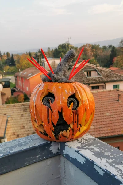 Citrouille Halloween Coupée Avec Visage Photo Haute Qualité — Photo