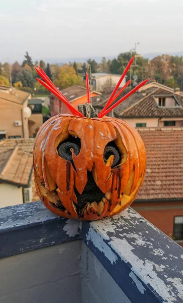 Halloween pumpkin cut out with face. High quality photo