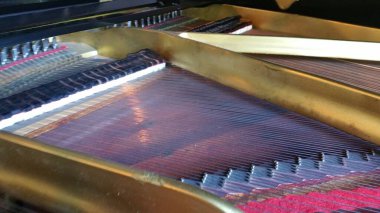 İçinde piyano kabloları ve telleri olan bir parça. Yüksek kalite fotoğraf