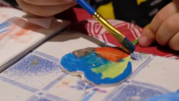 Close Little Hand Kid Painting Watercolors — Stock Video