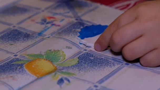 Close Little Hand Kid Painting Watercolors — Stock Video