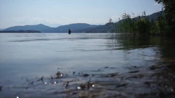 Een man in het water van de Worthersee in Klagenfurth, Oostenrijk — Stockvideo