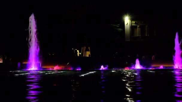イタリア パルマ近郊のサルソマッジョーレ テルメのカラフルな光で照らされた噴水 — ストック動画