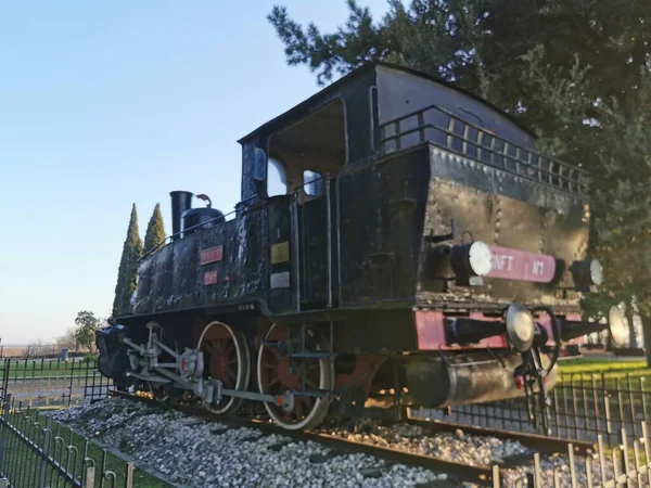 Ancient Steam Train Park Castle Brescia Sunset High Quality Photo — Stock Photo, Image