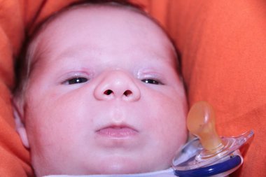 Kırmızı koltukta yeni doğmuş güzel bir bebeğin portresi. Yüksek kalite fotoğraf