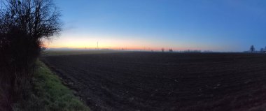 Bulutlu bir günbatımı gökyüzünde tepenin üzerindeki ağaçların silueti. Yüksek kalite fotoğraf