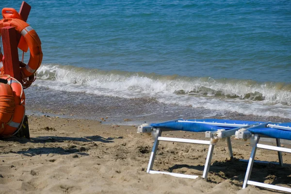 Ostia Lido Stranden Den Romerska Kusten Med Solstolar Högkvalitativt Foto — Stockfoto