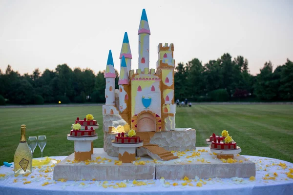 Schöne Hochzeitstorte Und Burgform Hochwertiges Foto — Stockfoto