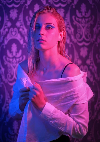 Beautiful Blonde Italian Girl Posing Photo Studio Colorful Lights High — 图库照片