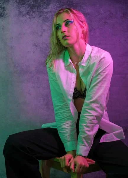 Beautiful Blonde Italian Girl Posing Photo Studio Colorful Lights High —  Fotos de Stock