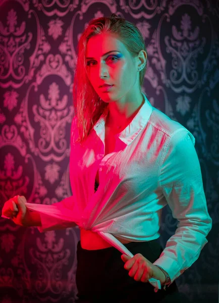 Beautiful Blonde Italian Girl Posing Photo Studio Colorful Lights High — Fotografia de Stock