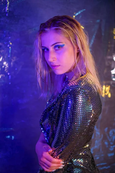 Beautiful Blonde Italian Girl Posing Photo Studio Colorful Lights High — Stock Fotó