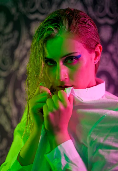 Beautiful Blonde Italian Girl Posing Photo Studio Colorful Lights High — 스톡 사진