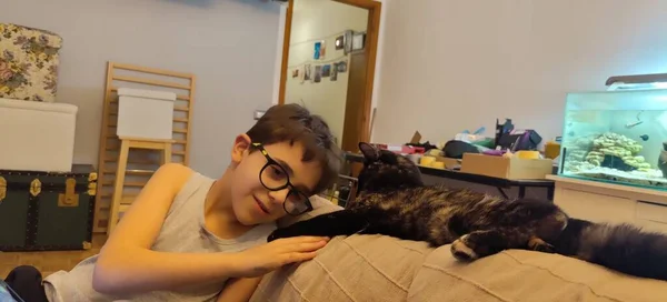 Criança Com Óculos Brinca Com Gato Sofá Foto Alta Qualidade — Fotografia de Stock