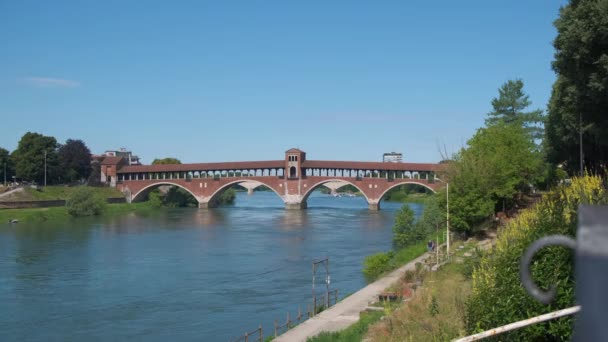 Pavia Covered Bridge Cars Pedestrians Seen Ticino River High Quality — Stock Video