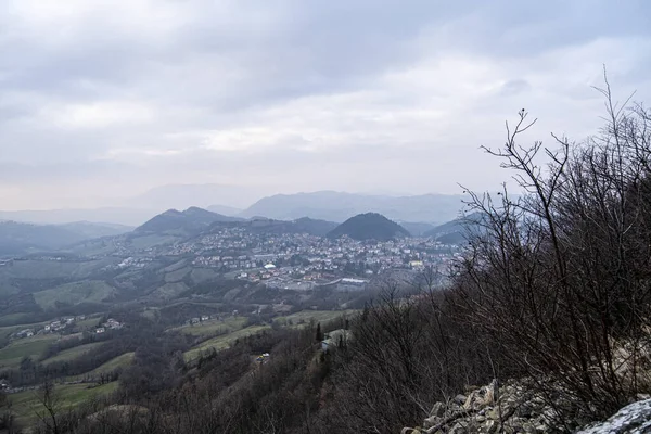 Piedra Bismantova Reggio Emilia Panorámica Desde Parte Superior Con Puesta —  Fotos de Stock