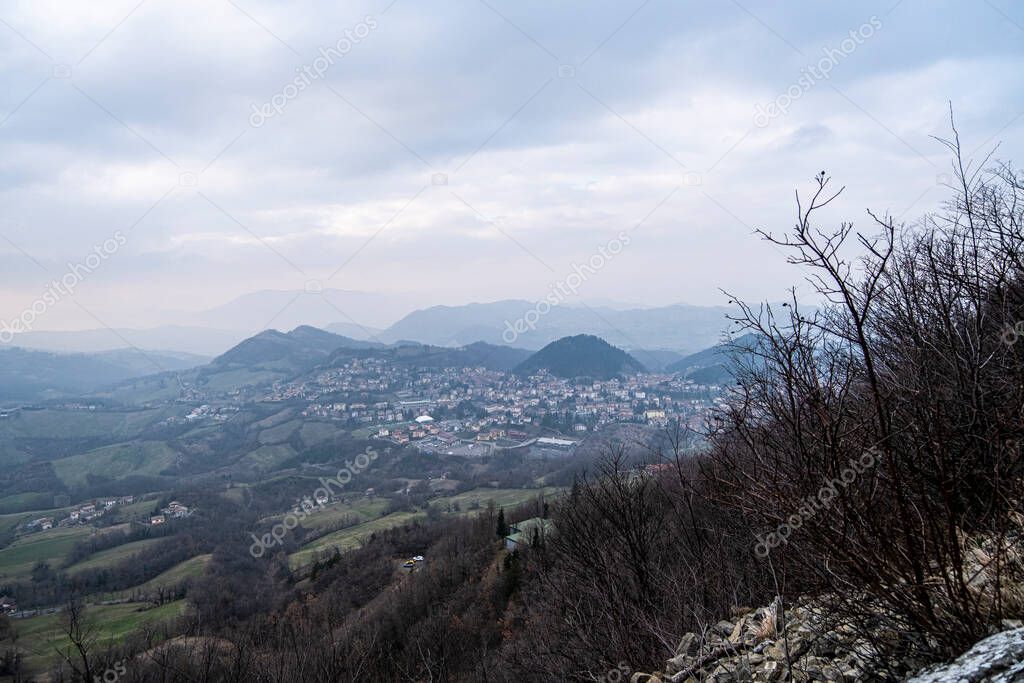 Bismantova stone in Reggio Emilia panoramic from the top with sunset. High quality photo