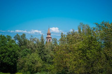 Quattro Castella Reggio Emilia kilisesinin çan kulesi çalılıklardan görünür. Yüksek kalite fotoğraf