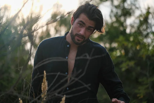 portrait of beautiful dark-haired italian model with light eyes and black shirt with beard in the trees. High quality photo