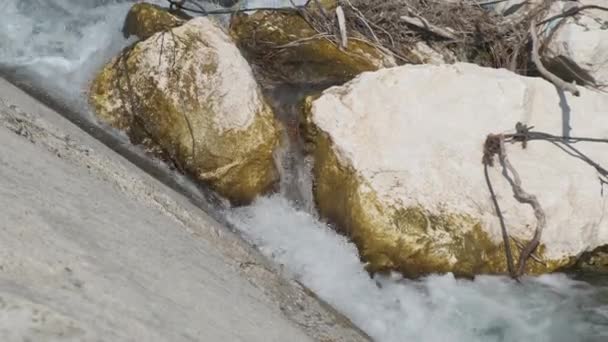 Panoramische Fluss Enza in Montecchio Emilia Reggio Emilia in sonnigen Tag Stromschnellen auf dem Damm — Stockvideo