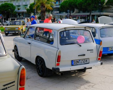 Cesenatico, Italy : 2025 09 14 Trophae International Trabant and East German car meet-up.White Modified Trabant Station Wagon Custom Wheels. High quality photo