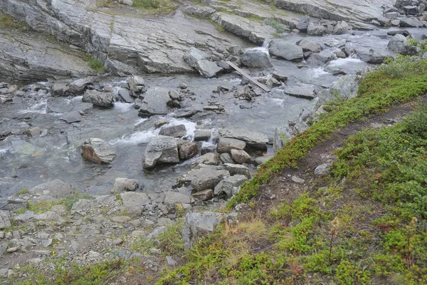 Vahşi bir dağ deresi engebeli, taşlı bir vadide büyük kayaların üzerinden akar. Yeşil tundra bitkileriyle sarp bir banka ve ön planda bir iz görünüyor. Yüksek kalite fotoğraf