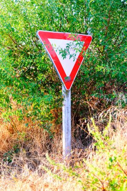 Etrafı yeşilliklerle çevrili, güneş ışığı üçgen uyarı işareti kısmen yeşil yapraklarla gizlenmiş