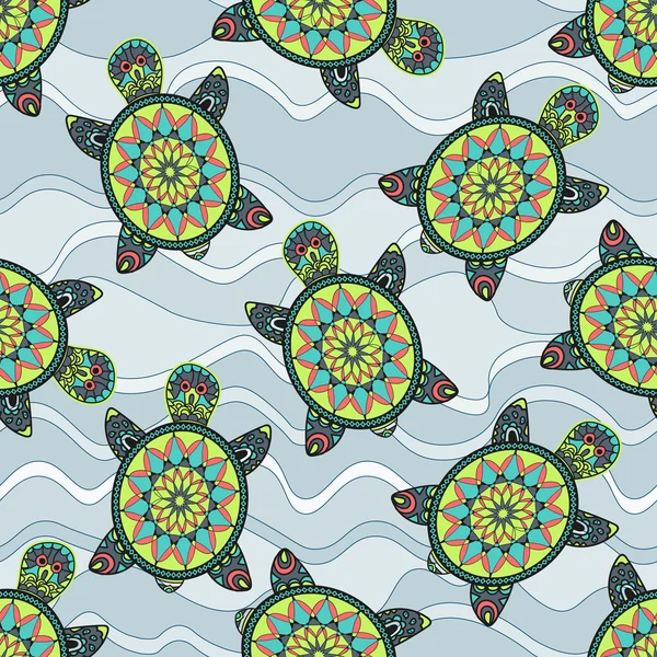 Ομαλή μοτίβο με πράσινες χελώνες στα κύματα της θάλασσας. — Διανυσματικό Αρχείο