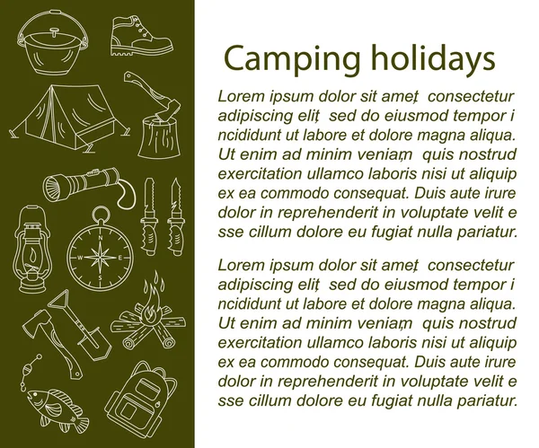 Camping tarjeta vector de vacaciones con iconos de línea — Vector de stock