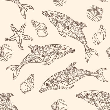 El çizilmiş doodle çizimleri ile vektör sorunsuz yunus deseni.