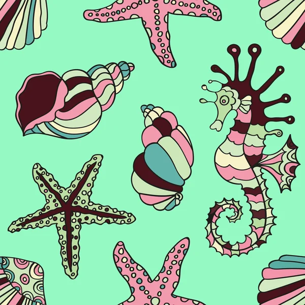 Parlak bir arka plan üzerinde karikatür elle çizilmiş deniz kabukları, denizyıldızı ve at Koleksiyonu — Stok Vektör