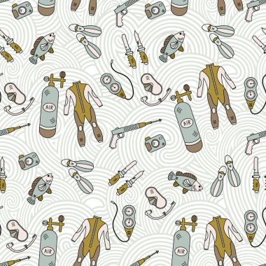 Dalış ekipmanları ile vektör dikişsiz desen