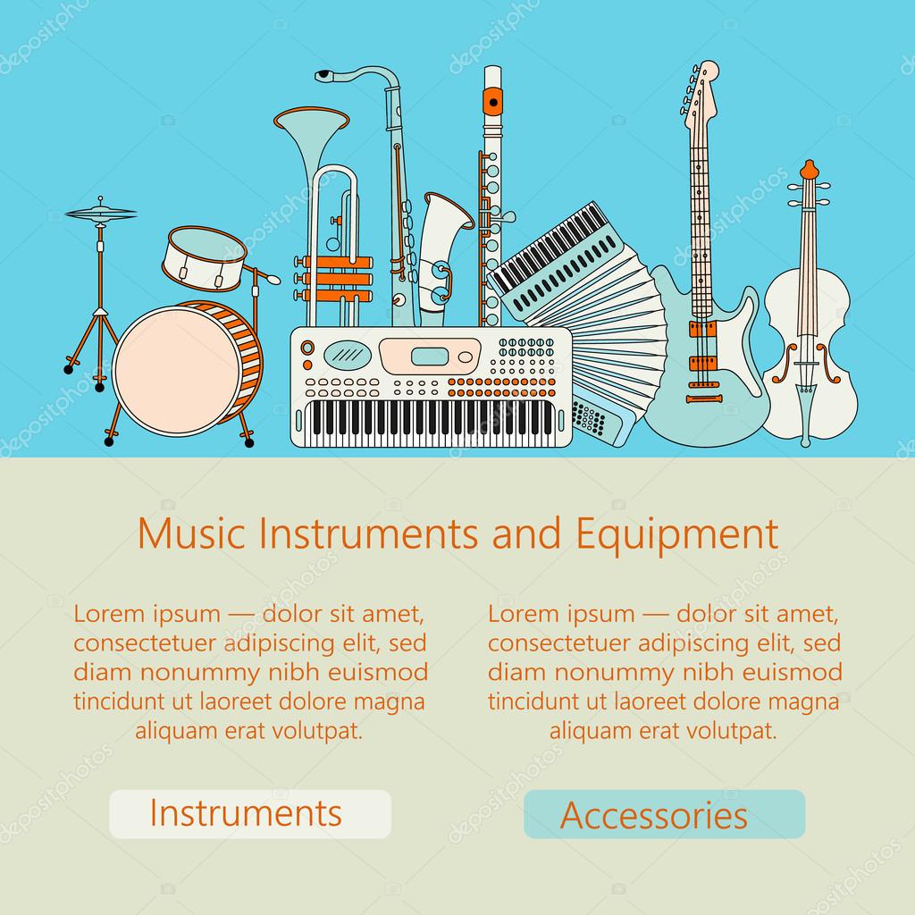Unique vector illustration with different music instruments synthesizer, drums, accordion, violin, trumpet, harp, drum, saxophone, electric, guitar, flute. Music web or mobile template.