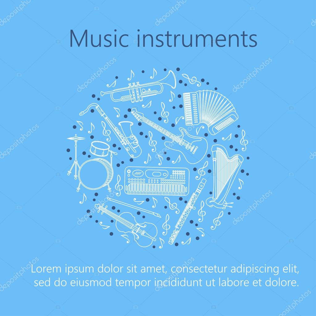 Unique illustration with different music instruments synthesizer, drums, accordion, violin, trumpet, harp, drum, saxophone, electric, guitar, flute. Place for your text.