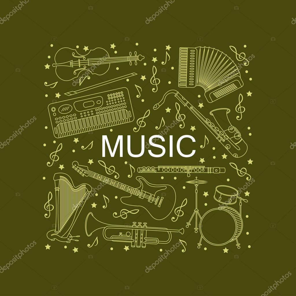 Vector card with different music instruments synthesizer, drums, accordion, violin, trumpet, harp, drum, saxophone, electric, guitar, flute. Place for your text.